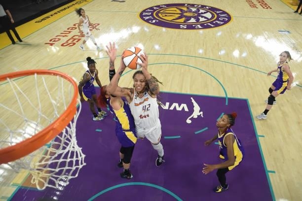Brittney Griner of the Phoenix Mercury drives to the basket against the Los Angeles Sparks on June 16, 2021 at Los Angeles Convention Center in Los...