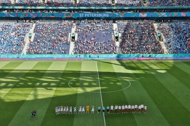 General view of the teams line-up prior to the UEFA Euro 2020 Championship Group B match between Finland and Russia at Saint Petersburg Stadium on...