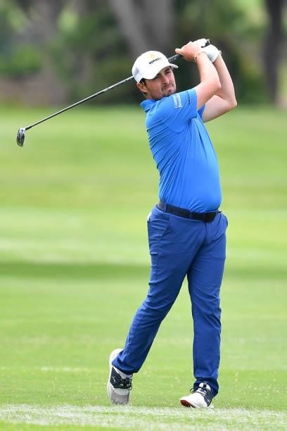 Alfie Plant of England plays his second shot on the thirteenth hole during Day Three of the Challenge de Espana at Iberostar Real Club de Golf Novo...