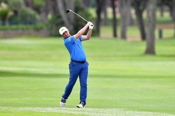 Alfie Plant of England plays his second shot on the thirteenth hole during Day Three of the Challenge de Espana at Iberostar Real Club de Golf Novo...