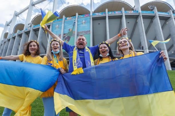 Supporters of Ukraine are seen prior to the UEFA Euro 2020 Championship Group C match between Ukraine and North Macedonia at National Arena on June...