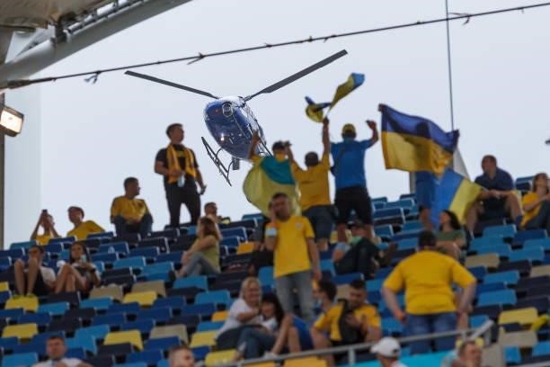 Helicopter is seen over the stadium prior to the UEFA Euro 2020 Championship Group C match between Ukraine and North Macedonia at National Arena on...