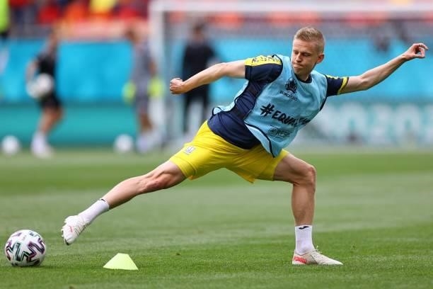 Ukraine's defender Oleksandr Zinchenko warms up prior to the UEFA EURO 2020 Group C football match between Ukraine and North Macedonia at the...