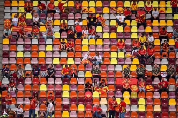 North Macedonia supporters wait for the start of the UEFA EURO 2020 Group C football match between Ukraine and North Macedonia at the National Arena...