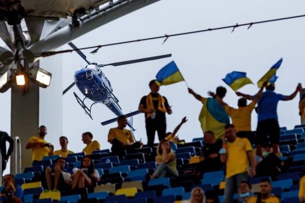 Helicopter is seen over the stadium prior to the UEFA Euro 2020 Championship Group C match between Ukraine and North Macedonia at National Arena on...