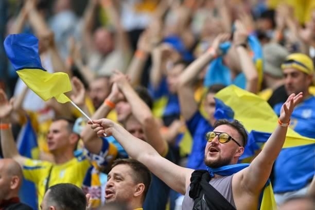 Ukraine supporters cheeer before the UEFA EURO 2020 Group C football match between Ukraine and North Macedonia at the National Arena in Bucharest on...