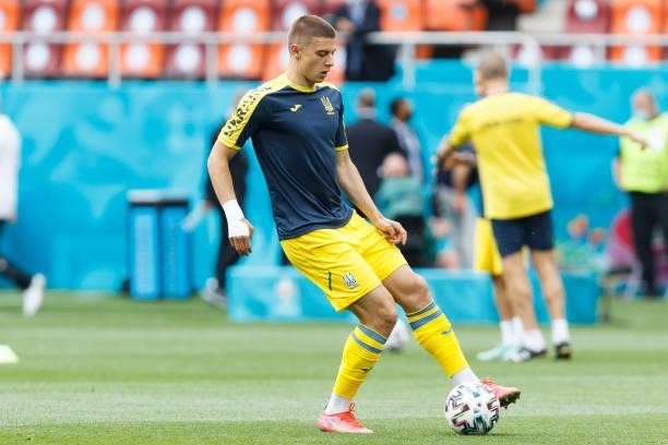 Eduard Sobol of Ukraine controls the ball prior to the UEFA Euro 2020 Championship Group C match between Ukraine and North Macedonia at National...