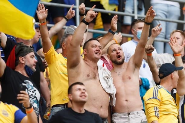 Supporters of Ukraine are seen prior to the UEFA Euro 2020 Championship Group C match between Ukraine and North Macedonia at National Arena on June...