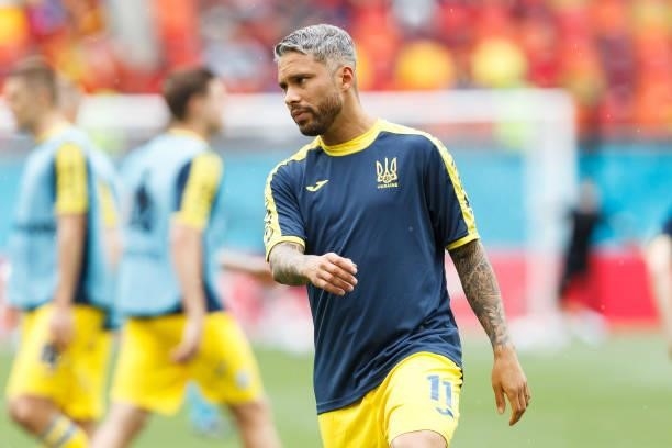 Marlos of Ukraine gestures prior to the UEFA Euro 2020 Championship Group C match between Ukraine and North Macedonia at National Arena on June 17,...