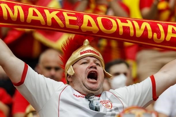 North Macedonia supporter cheers before the UEFA EURO 2020 Group C football match between Ukraine and North Macedonia at the National Arena in...
