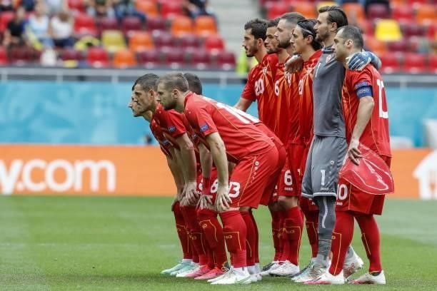 North Macedonia's players pose before the UEFA EURO 2020 Group C football match between Ukraine and North Macedonia at the National Arena in...