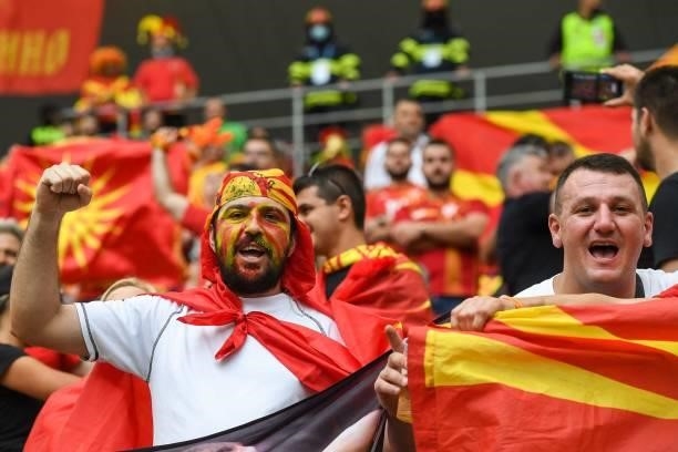 North Macedonia supporters cheer before the UEFA EURO 2020 Group C football match between Ukraine and North Macedonia at the National Arena in...