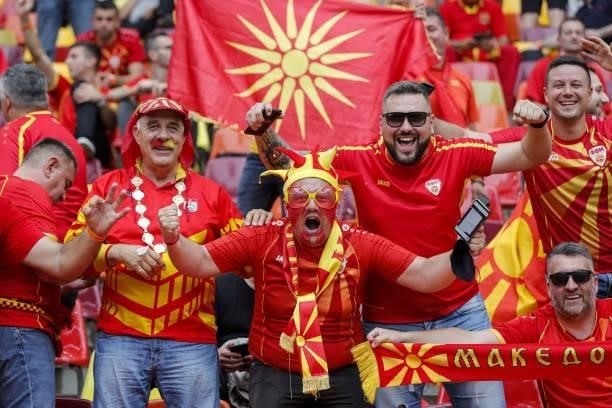 North Macedonia supporters pose prior to the UEFA EURO 2020 Group C football match between Ukraine and North Macedonia at the National Arena in...