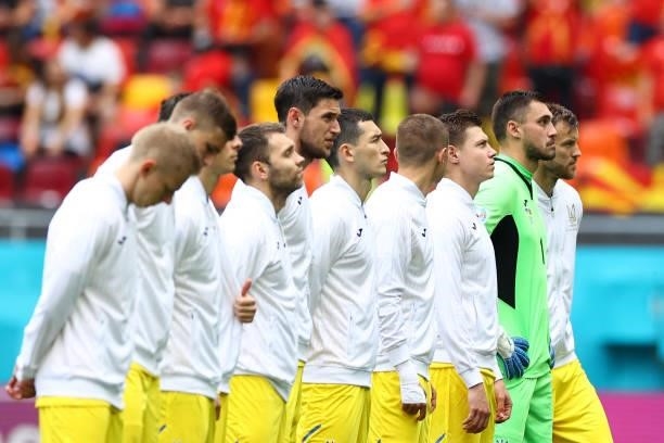 Ukraine 's players line up prior to the UEFA EURO 2020 Group C football match between Ukraine and North Macedonia at the National Arena in Bucharest...