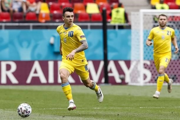 Ukraine's midfielder Mykola Shaparenko runs with the ball during the UEFA EURO 2020 Group C football match between Ukraine and North Macedonia at the...