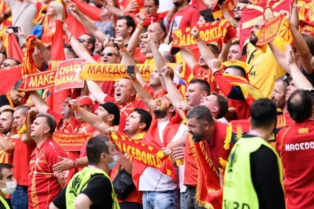 Supporters of North Macedonia are seen prior to the UEFA Euro 2020 Championship Group C match between Ukraine and North Macedonia at National Arena...
