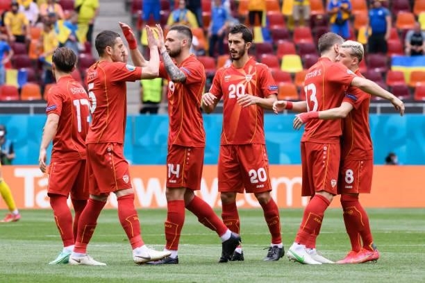 Players of North Macedonia gestures prior to the UEFA Euro 2020 Championship Group C match between Ukraine and North Macedonia at National Arena on...