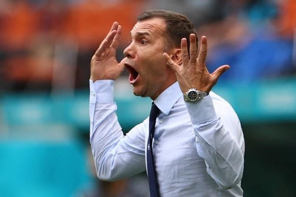 Ukraine's coach Andrey Shevchenko reacts during the UEFA EURO 2020 Group C football match between Ukraine and North Macedonia at the National Arena...