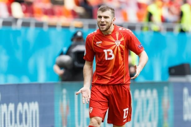 Stefan Ristovski of North Macedonia gestures during the UEFA Euro 2020 Championship Group C match between Ukraine and North Macedonia at National...