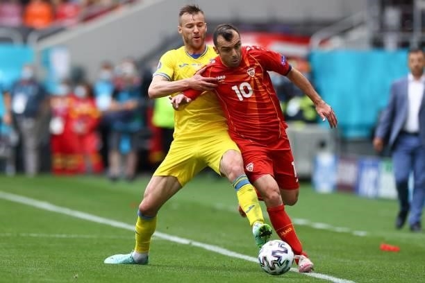 North Macedonia's forward Goran Pandev fights for the ball with Ukraine's forward Andriy Yarmolenko during the UEFA EURO 2020 Group C football match...