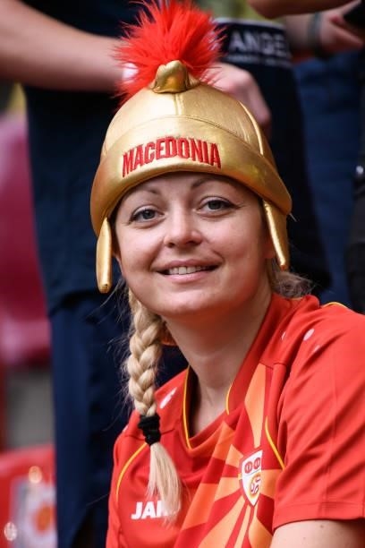 Supporters of North Macedonia are seen prior to the UEFA Euro 2020 Championship Group C match between Ukraine and North Macedonia at National Arena...
