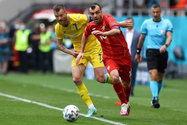 North Macedonia's forward Goran Pandev fights for the ball with Ukraine's forward Andriy Yarmolenko during the UEFA EURO 2020 Group C football match...