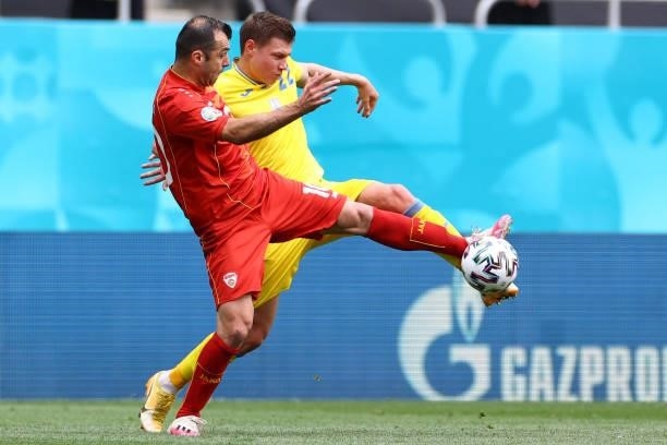 North Macedonia's forward Goran Pandev fights for the ball with Ukraine's defender Mykola Matviyenko during the UEFA EURO 2020 Group C football match...