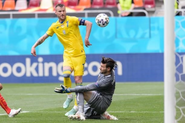 Andriy Yarmolenko of Ukraine scores his team's first goal during the UEFA Euro 2020 Championship Group C match between Ukraine and North Macedonia at...