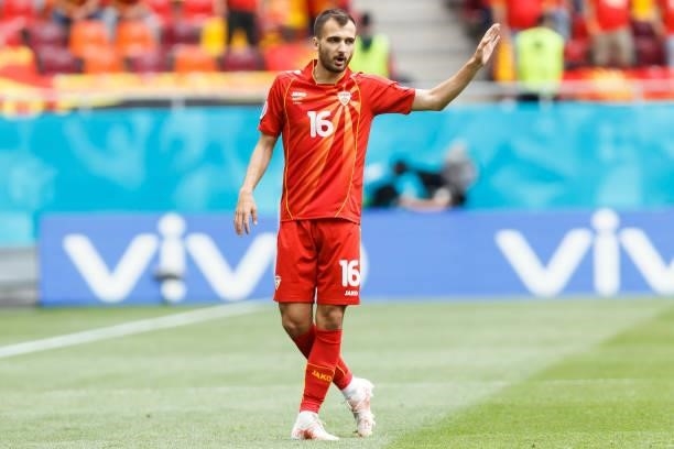 Boban Nikolov of North Macedonia gestures during the UEFA Euro 2020 Championship Group C match between Ukraine and North Macedonia at National Arena...