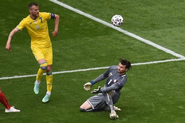 Ukraine's forward Andriy Yarmolenko attempts to score past North Macedonia's goalkeeper Stole Dimitrievski during the UEFA EURO 2020 Group C football...