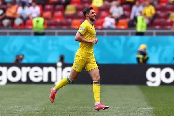 Ukraine's forward Roman Yaremchuk celebrates after scoring his team's second goal during the UEFA EURO 2020 Group C football match between Ukraine...