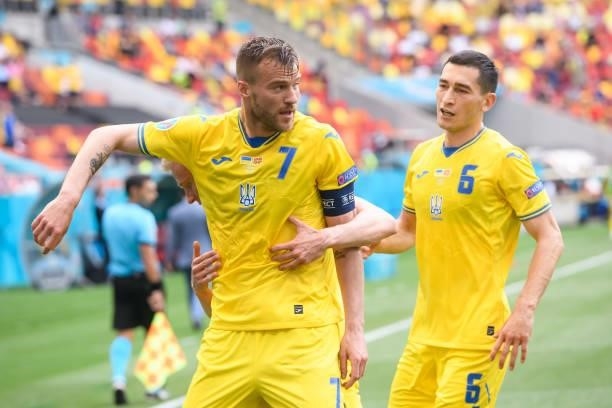 Andriy Yarmolenko of Ukraine celebrates after scoring his team's first goal during the UEFA Euro 2020 Championship Group C match between Ukraine and...