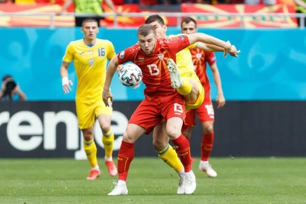 Stefan Ristovski of North Macedonia controls the ball during the UEFA Euro 2020 Championship Group C match between Ukraine and North Macedonia at...