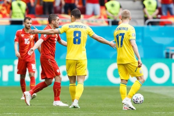 Arijan Ademi of North Macedonia and Ruslan Malinovskyi of Ukraine gestures during the UEFA Euro 2020 Championship Group C match between Ukraine and...