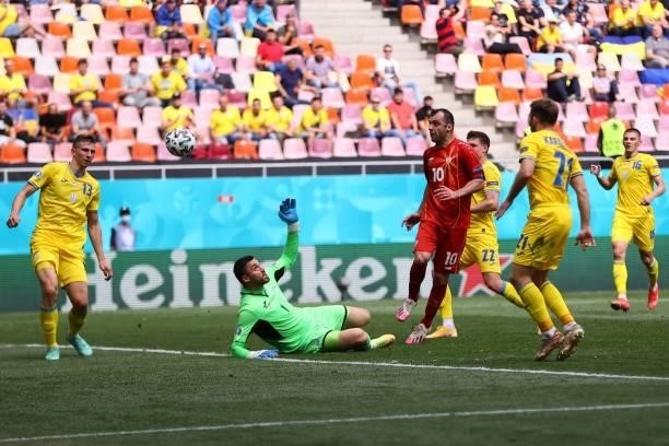 North Macedonia's forward Goran Pandev shoots and scores a goal disallowed for an offside ruling during the UEFA EURO 2020 Group C football match...