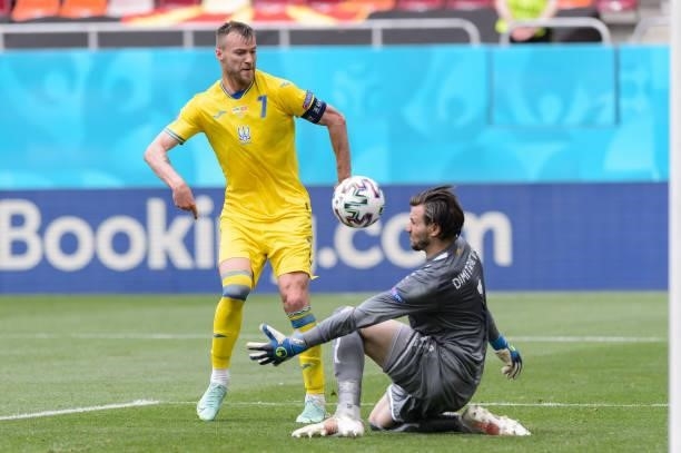 Andriy Yarmolenko of Ukraine scores his team's first goal during the UEFA Euro 2020 Championship Group C match between Ukraine and North Macedonia at...