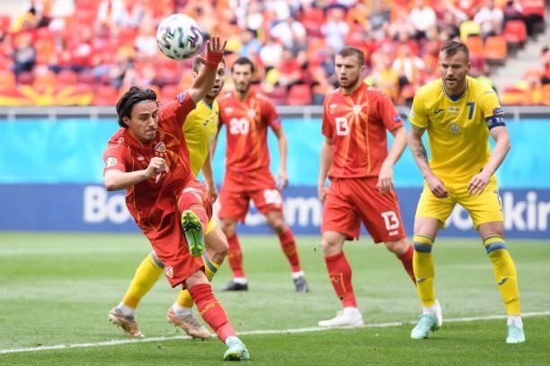 Eljif Elmas of North Macedonia controls the ball during the UEFA Euro 2020 Championship Group C match between Ukraine and North Macedonia at National...