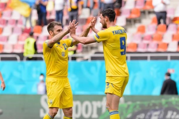 Roman Yaremchuk of Ukraine celebrates after scoring his team's second goal during the UEFA Euro 2020 Championship Group C match between Ukraine and...
