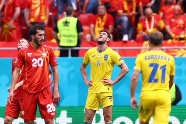 Ukraine's forward Roman Yaremchuk reacts during the UEFA EURO 2020 Group C football match between Ukraine and North Macedonia at the National Arena...