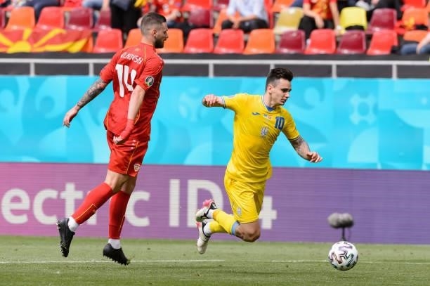 Mykola Shaparenko of Ukraine controls the ball during the UEFA Euro 2020 Championship Group C match between Ukraine and North Macedonia at National...