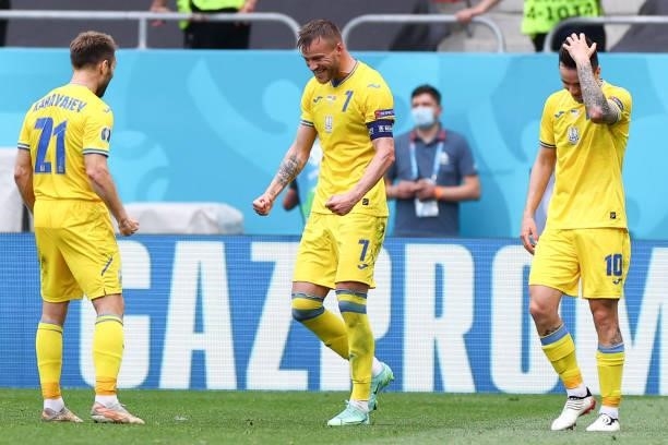 Ukraine's forward Andriy Yarmolenko celebrates scoring the opening goal during the UEFA EURO 2020 Group C football match between Ukraine and North...