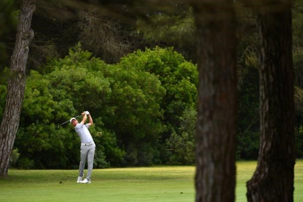 Jeremy Freiburghaus of Switzerland plays his second shot on the twelfth hole during Day Three of the Challenge de Espana at Iberostar Real Club de...