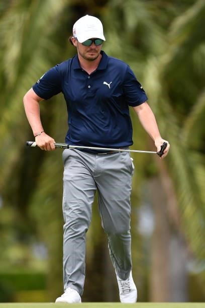 Ewen Ferguson of Scotland before plays his third shot on the sixteen hole during Day Three of the Challenge de Espana at Iberostar Real Club de Golf...