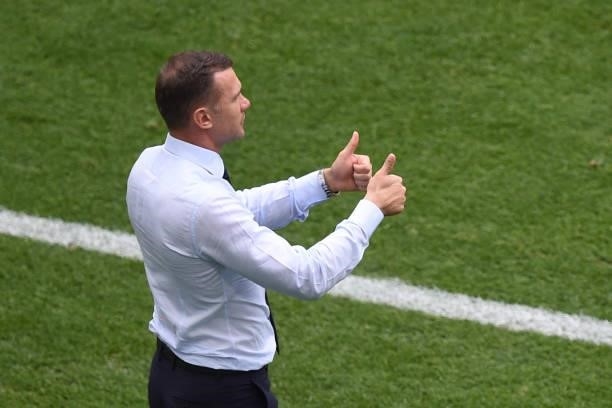 Ukraine's coach Andrey Shevchenko gestures during the UEFA EURO 2020 Group C football match between Ukraine and North Macedonia at the National Arena...