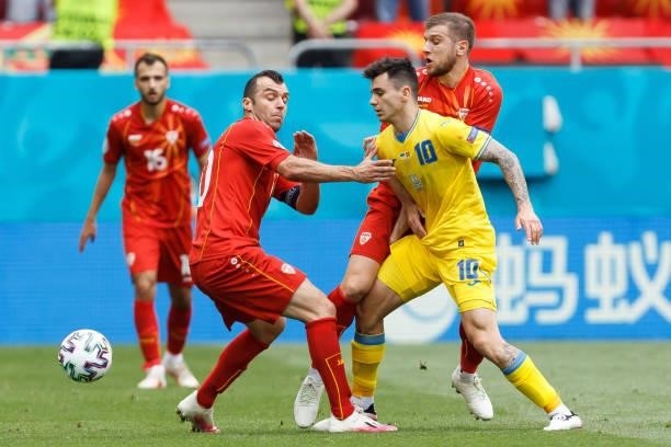 Goran Pandev of North Macedonia and Mykola Shaparenko of Ukraine battle for the ball during the UEFA Euro 2020 Championship Group C match between...
