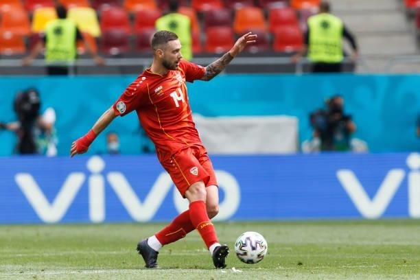 Darko Velkovski of North Macedonia controls the ball during the UEFA Euro 2020 Championship Group C match between Ukraine and North Macedonia at...