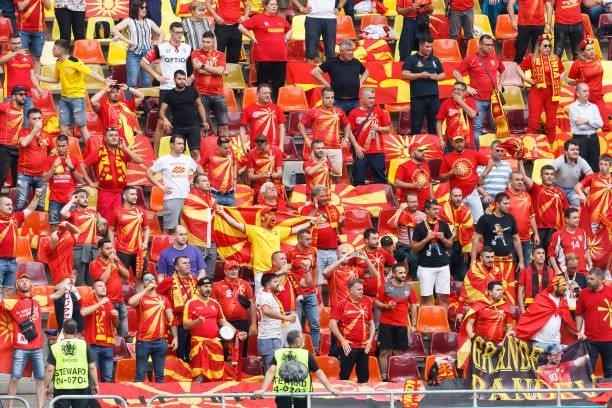 Supporters of Northmacedonia are seen during the UEFA Euro 2020 Championship Group C match between Ukraine and North Macedonia at National Arena on...