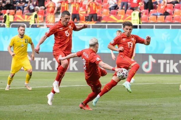 Egzjan Alioski of North Macedonia scores his team's first goal during the UEFA Euro 2020 Championship Group C match between Ukraine and North...