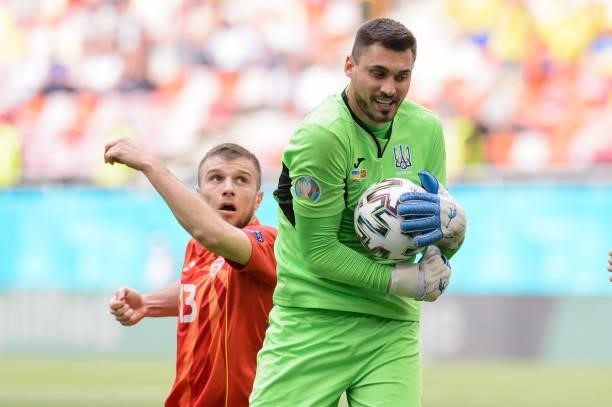 Goalkeeper Georgiy Bushchan of Ukraine controls the ball during the UEFA Euro 2020 Championship Group C match between Ukraine and North Macedonia at...