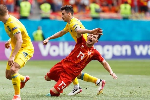 Enis Bardi of North Macedonia controls the ball during the UEFA Euro 2020 Championship Group C match between Ukraine and North Macedonia at National...